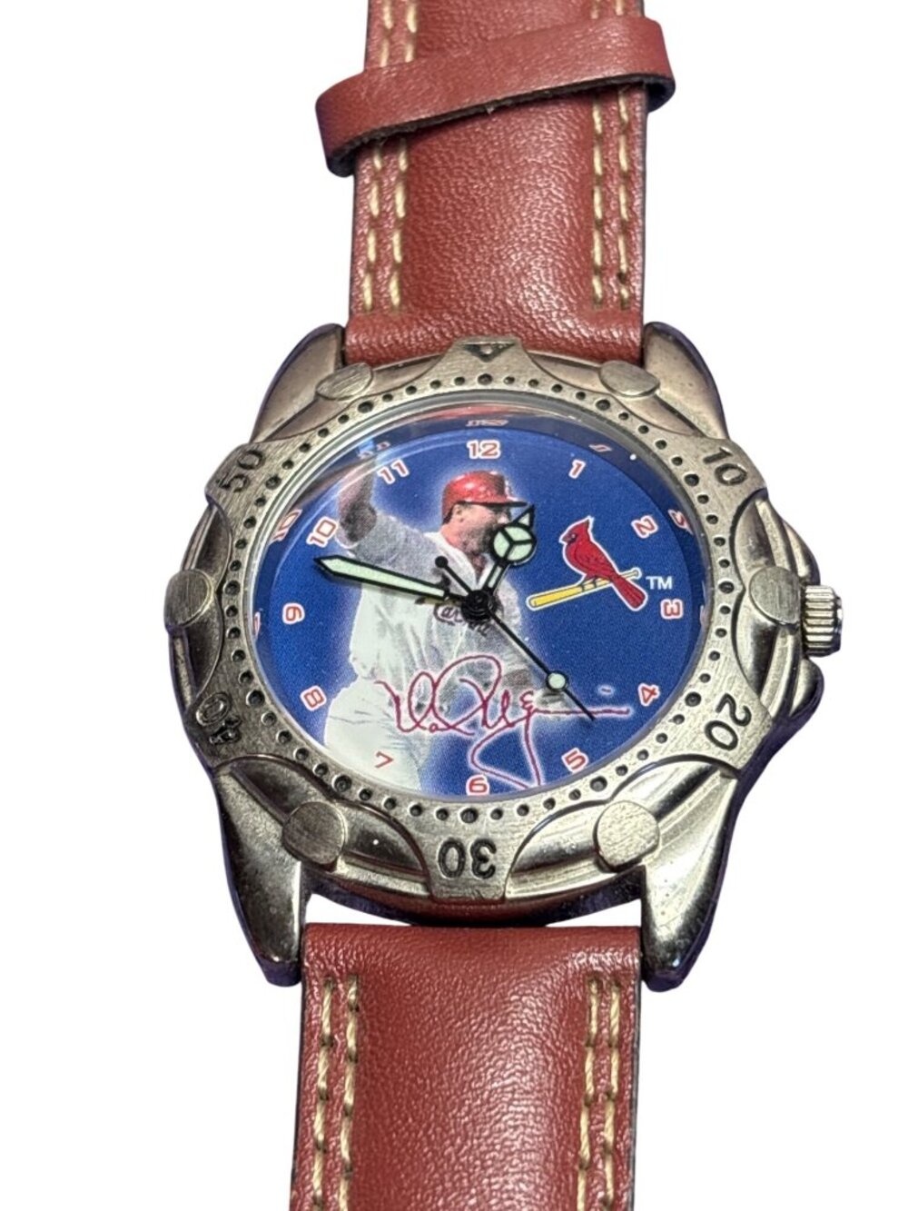Vtg 1998 Avon Home Run Hero Watch Mark McGwire Cardinals Brown Leather Flawed